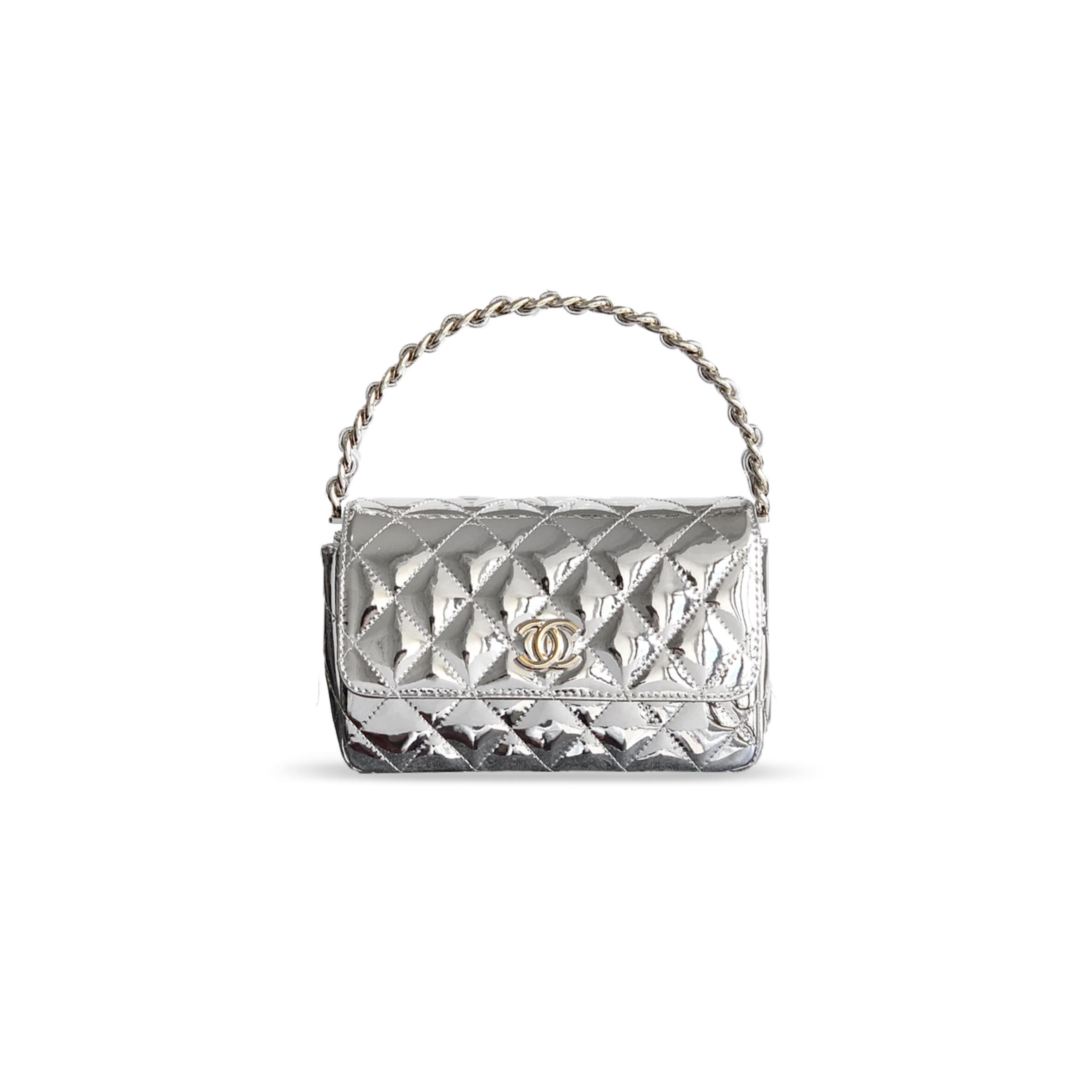 CHANEL MASTER HANDLE FLAP BAG PATENT CALFSKIN & GOLD METAL SILVER 496587 (18.5*10.5*8cm)